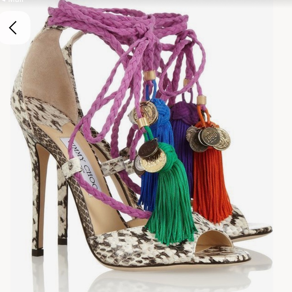 Jimmy Choo Snakeskin Tassel Sandal Heel